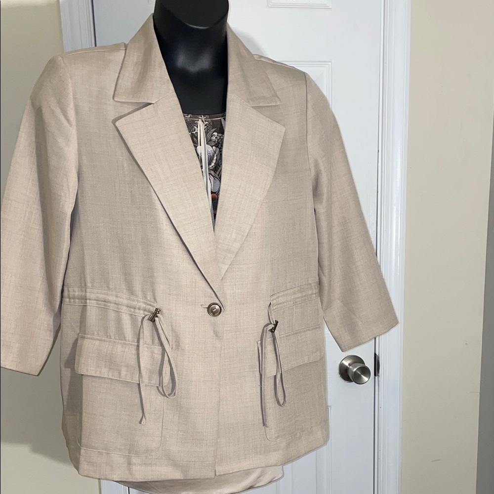 Beige Blazer with Drawstring Detail and Flap Pockets L